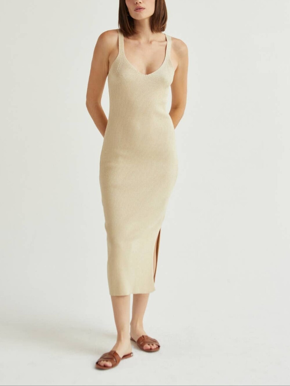 Sleeveless Ribbed Knit Midi Dress in Beige